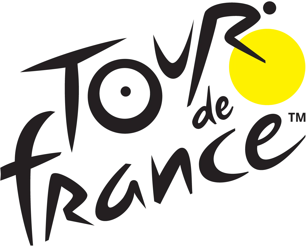 Tour de France Logo in Black letters, white background and a yellow dot on the top right corner