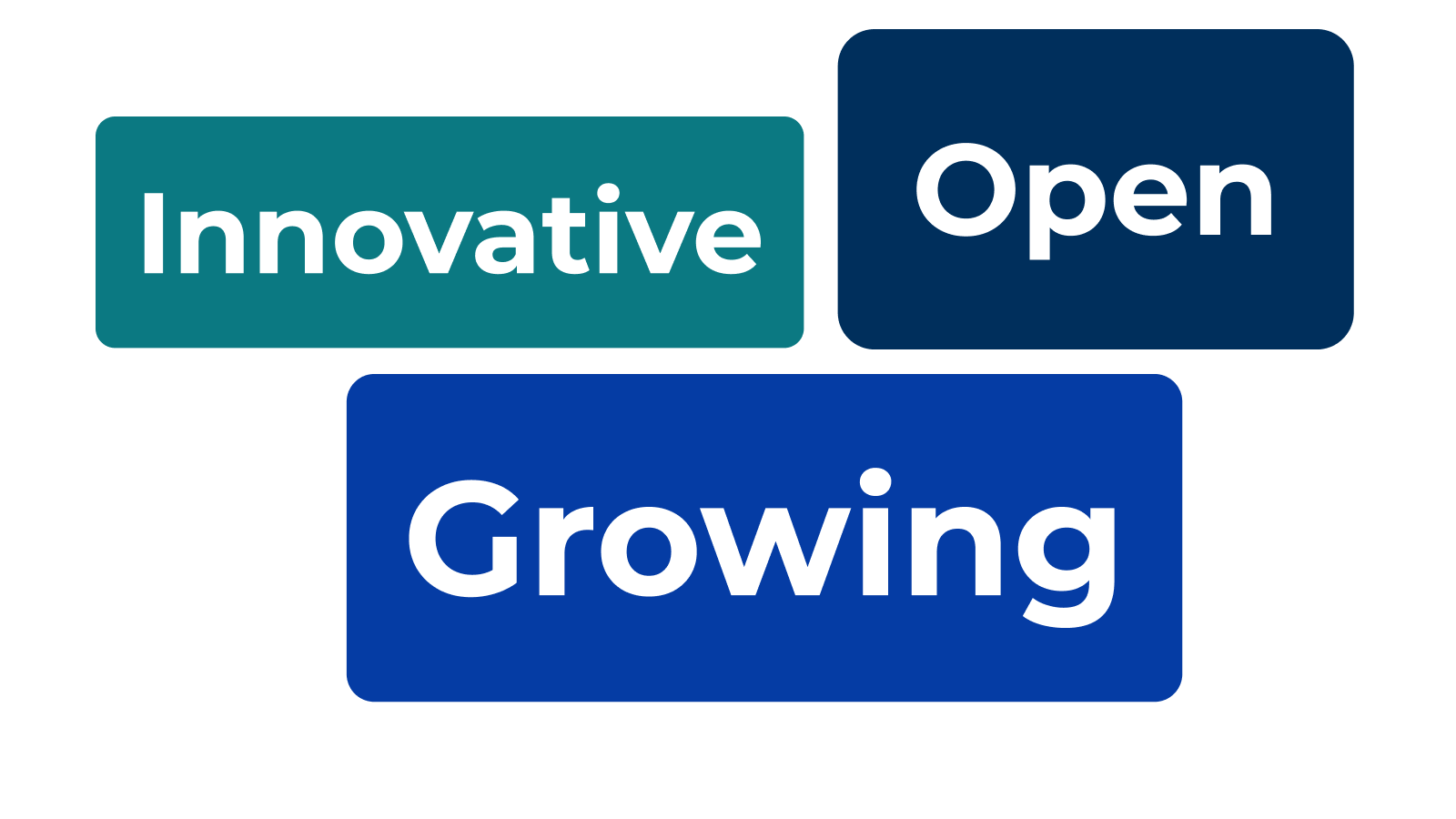 Three colorful word blocks in teal, dark blue, and royal blue containing the words 