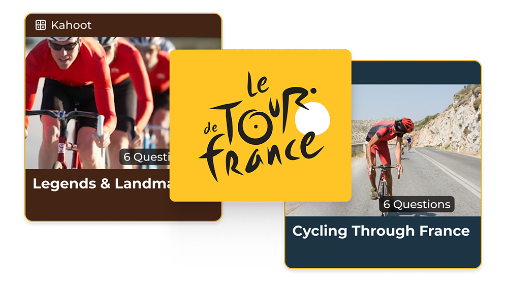 Three overlapping cards: two showing cyclists with titles 