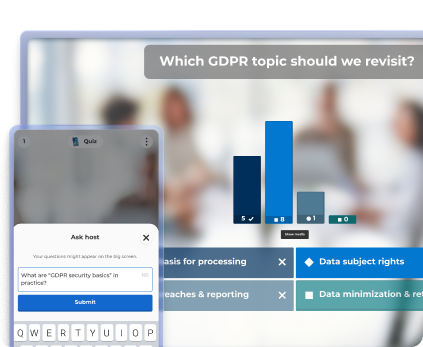 A split-screen view showing a live poll on a large display. In the foreground, a mobile device shows the "Ask host" feature where a user has typed a question about GDPR security basics.