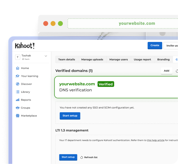 Kahoot! 管理員儀表板，顯示已通過驗證的網域和 SSO 設定。
