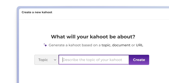 Kahoot AI quiz generator interface prompting users to create a new kahoot from a topic, document, or URL