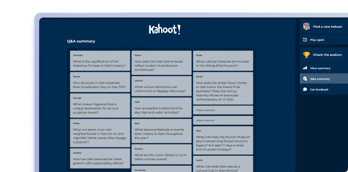 Kahoot Q&A summary dashboard displaying participant responses about Oslo history and culture after a quiz session