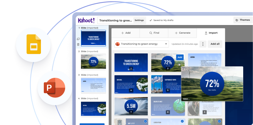 Kahoot course creation tool importing slides from Google Slides and PowerPoint for a green energy presentation
