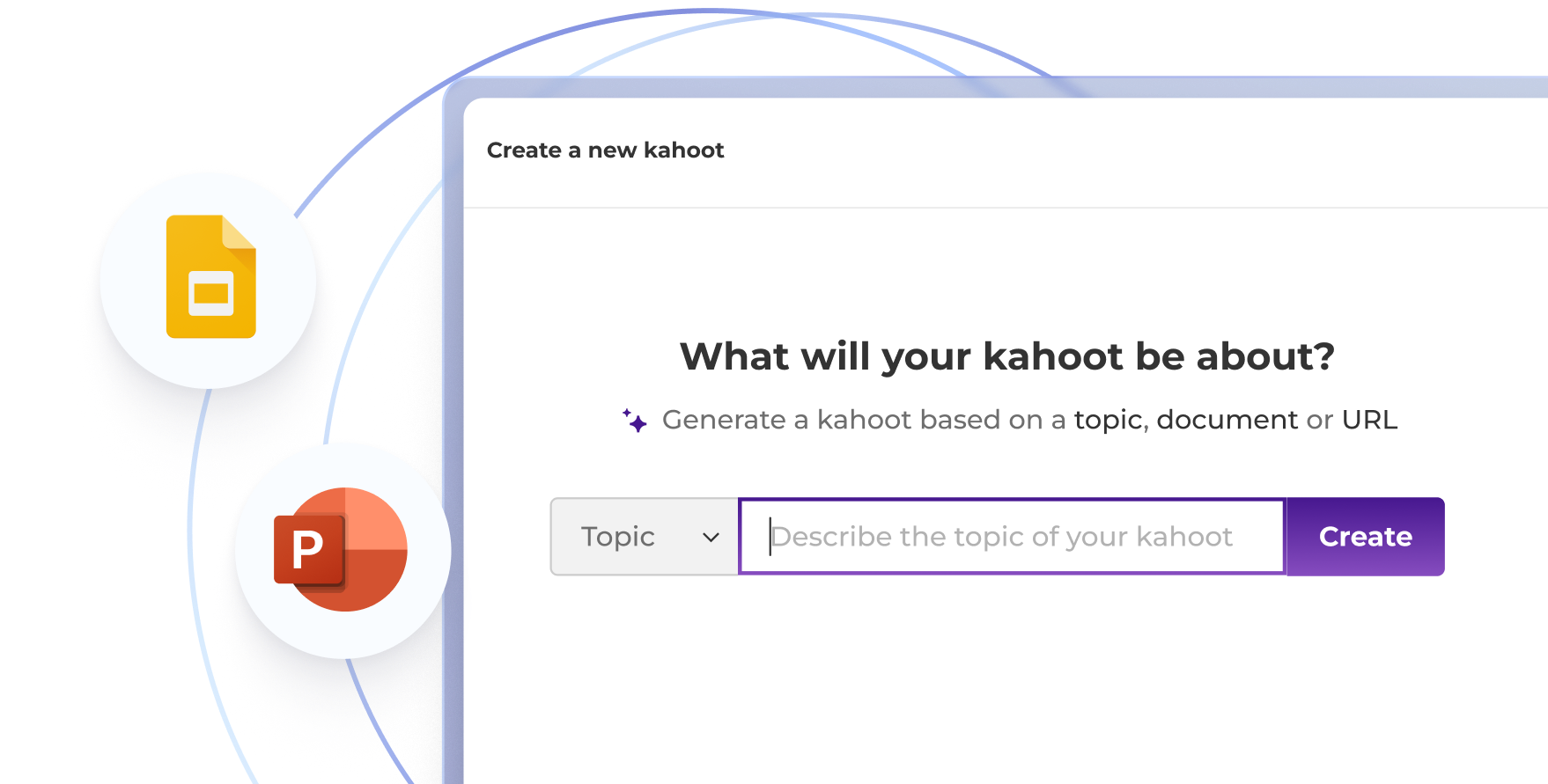 Kahoot AI quiz creator interface prompting users to generate a kahoot from a topic, document, or URL