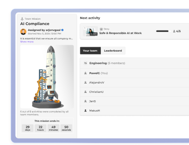 Kahoot Team Mission dashboard showing AI Compliance course with rocket graphic, team leaderboard, and countdown timer