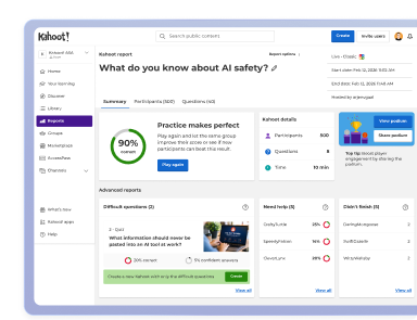 Kahoot quiz report for AI safety showing 90% correct answers, participant stats, and advanced performance analytics