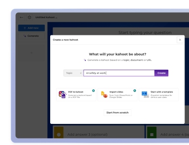 Kahoot quiz creation dialog prompting user to enter a topic, with options to import slides, use a template