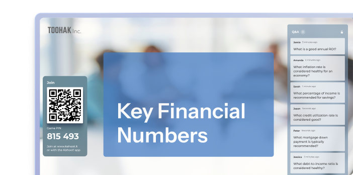 Kahoot engagement session slide titled Key Financial Numbers with a live Q&A panel showing participant questions
