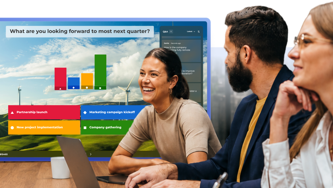 Các đồng nghiệp tham gia một cuộc họp với cuộc bình chọn và bảng Hỏi & Đáp Kahoot! hiển thị trên màn hình phía sau họ