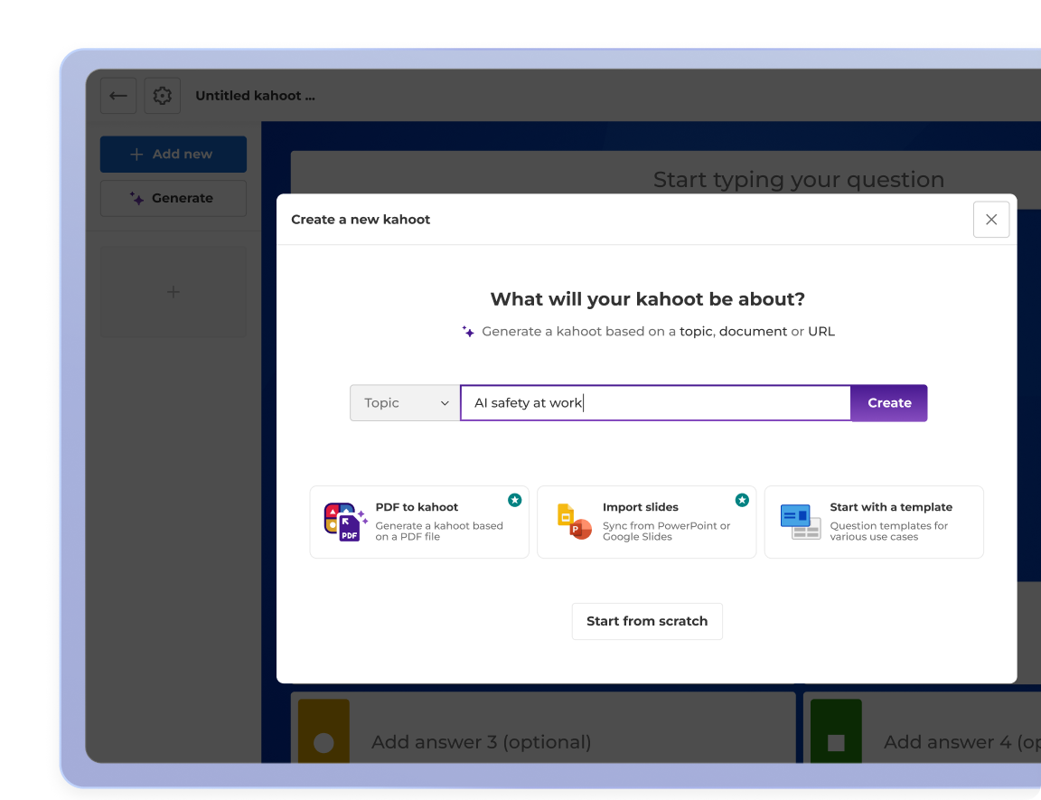 Kahoot quiz creation dialog prompting user to enter a topic, with options to import slides, use a template
