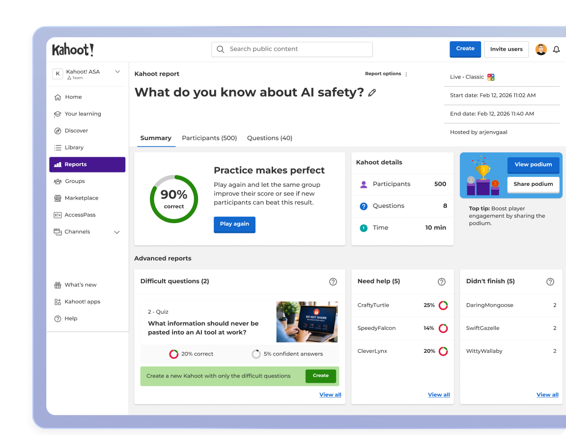 Kahoot quiz report for AI safety showing 90% correct answers, participant stats, and advanced performance analytics