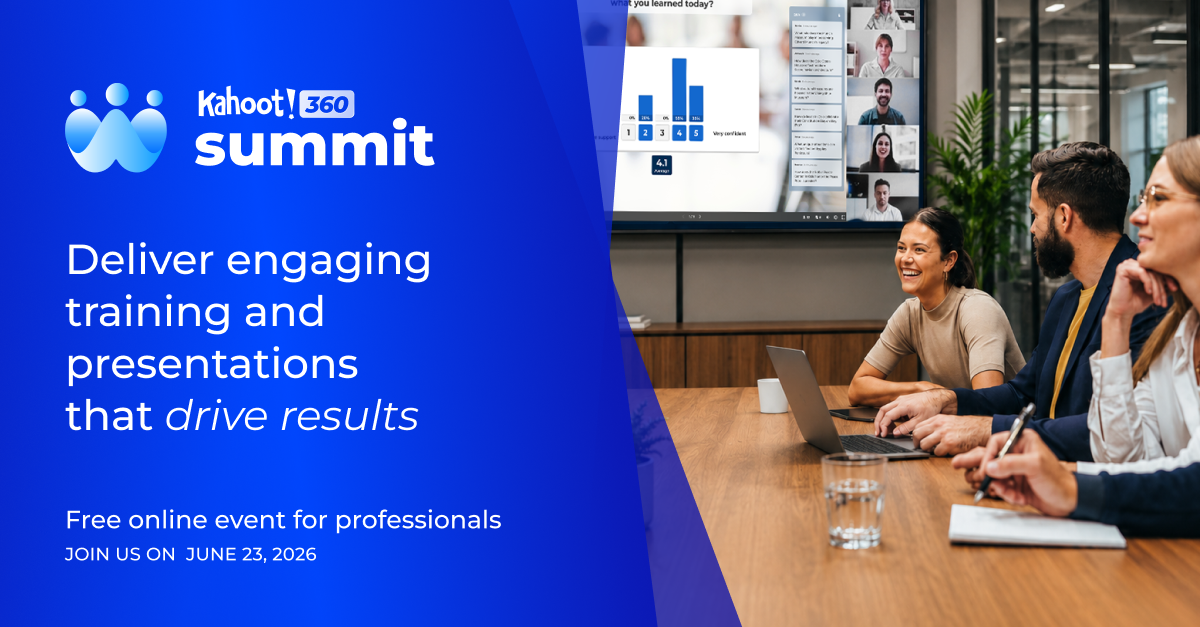 Kahoot! 360 Summit promotional banner: professionals in a meeting room viewing engagement quiz results on a screen, free online event June 23, 2026