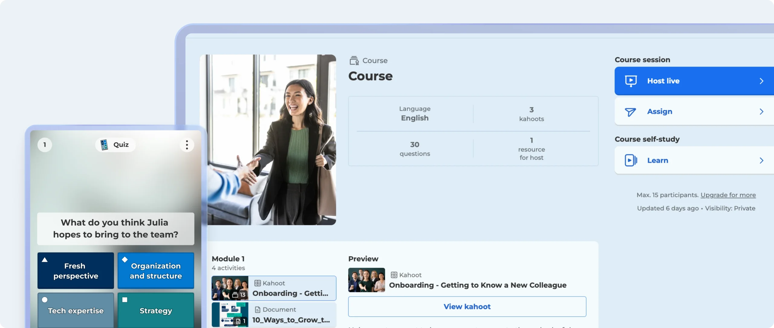 Kahoot 360 course detail page showing an onboarding course with quiz preview and host or assign options