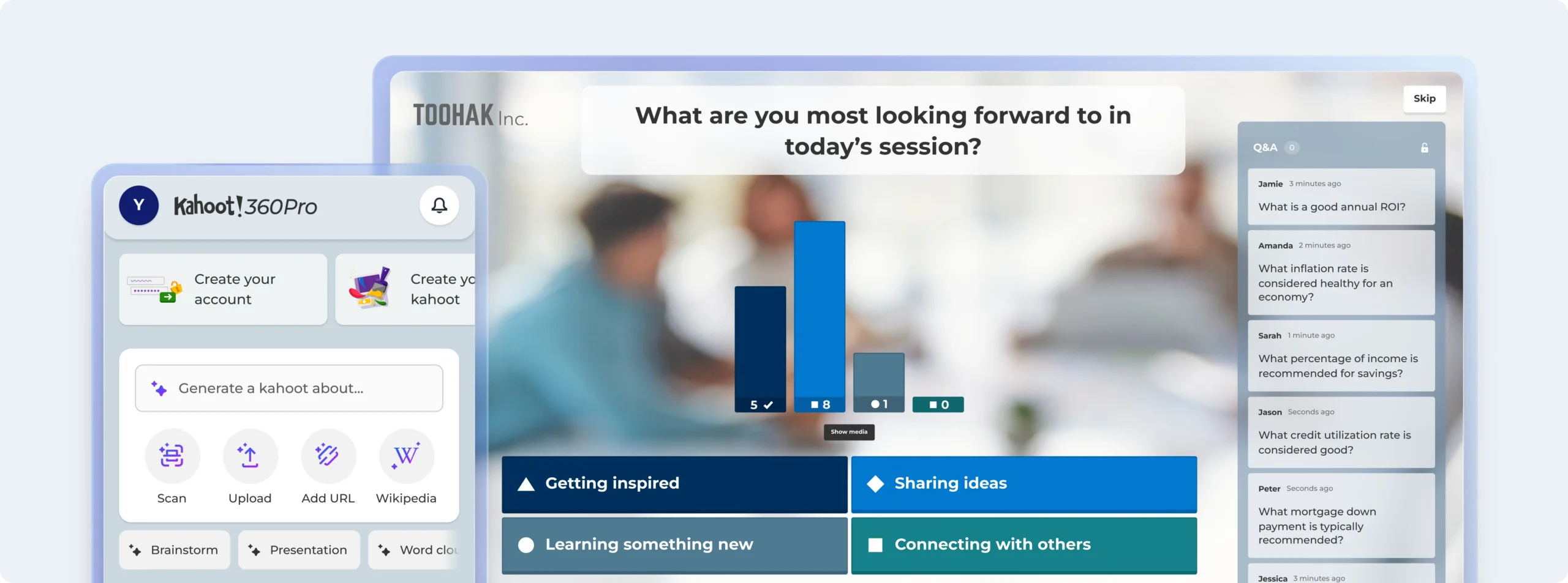 Kahoot 360 Pro interface alongside a live poll slide with a Q&A sidebar showing participant questions