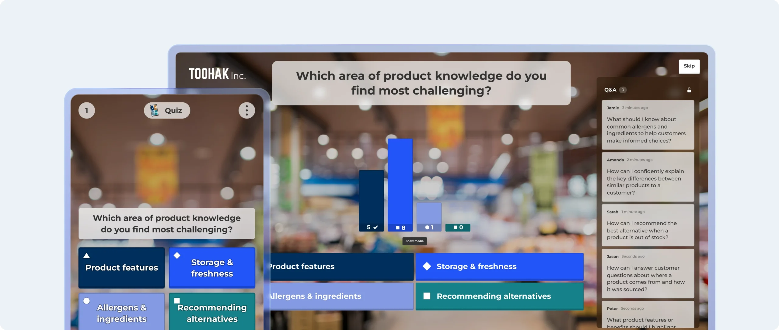 Kahoot quiz slide asking "Which area of product knowledge do you find most challenging?" shown on desktop and mobile with a live Q&A sidebar