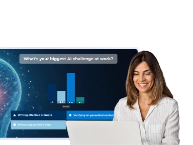 Smiling woman at a laptop with a Kahoot poll on AI workplace challenges displayed on a screen behind her