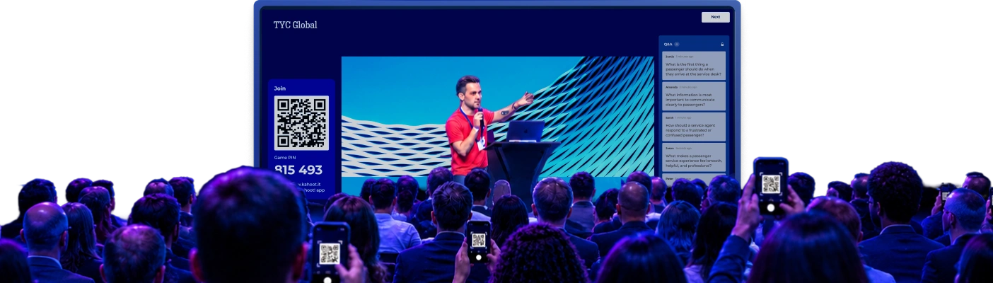 Conference audience scanning QR codes on their phones to join a Kahoot session with a live Q&A sidebar visible on the presentation screen
