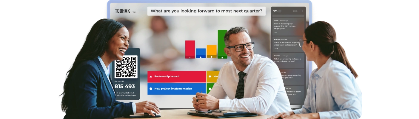 Two colleagues smiling in a meeting with a Kahoot poll and Q&A sidebar displayed behind them showing live responses