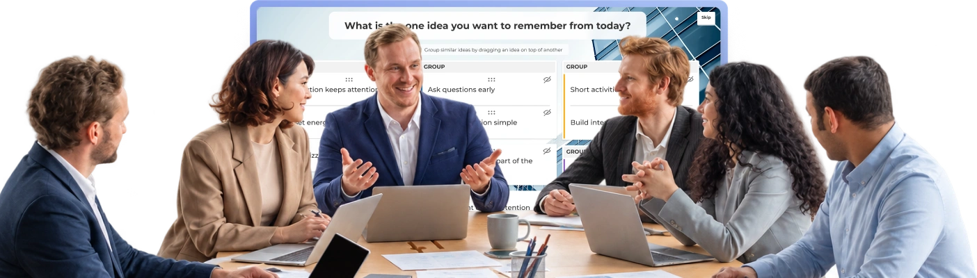 Five colleagues engaged in a meeting around a laptop with a Kahoot brainstorm slide grouping responses in the background