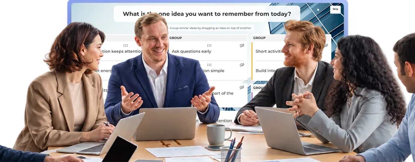 Five colleagues engaged in a meeting around a laptop with a Kahoot brainstorm slide grouping responses in the background