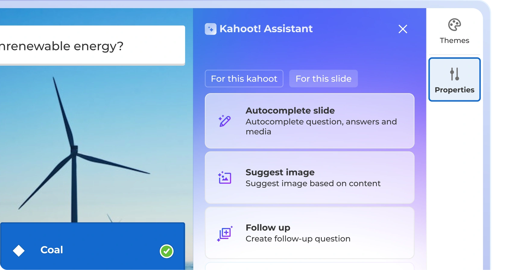 Close-up of the Kahoot! Assistant panel showing options to autocomplete a slide, suggest an image, and create a follow-up question