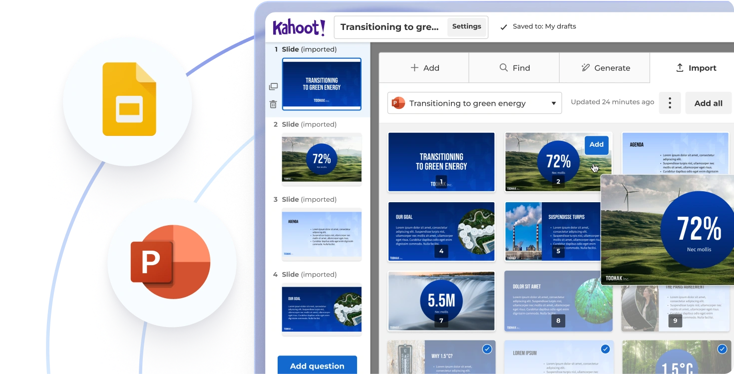 Kahoot editor showing imported slides from a PowerPoint presentation alongside a grid of slide thumbnails ready to add as questions