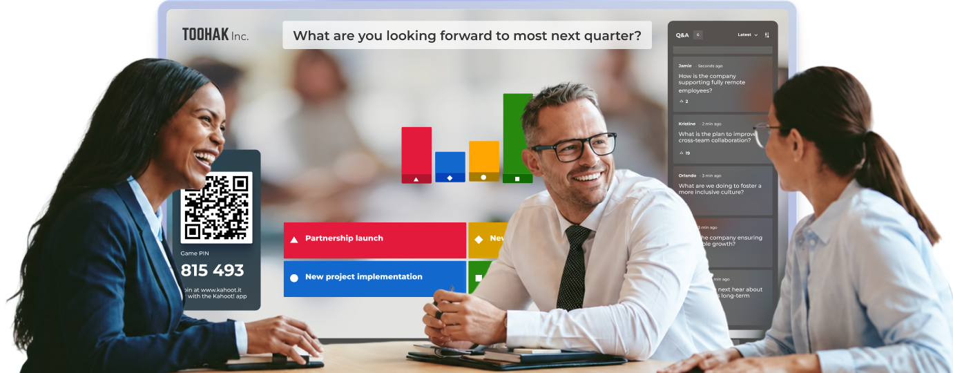 Two colleagues smiling in a meeting with a Kahoot poll and Q&A sidebar displayed behind them showing live responses