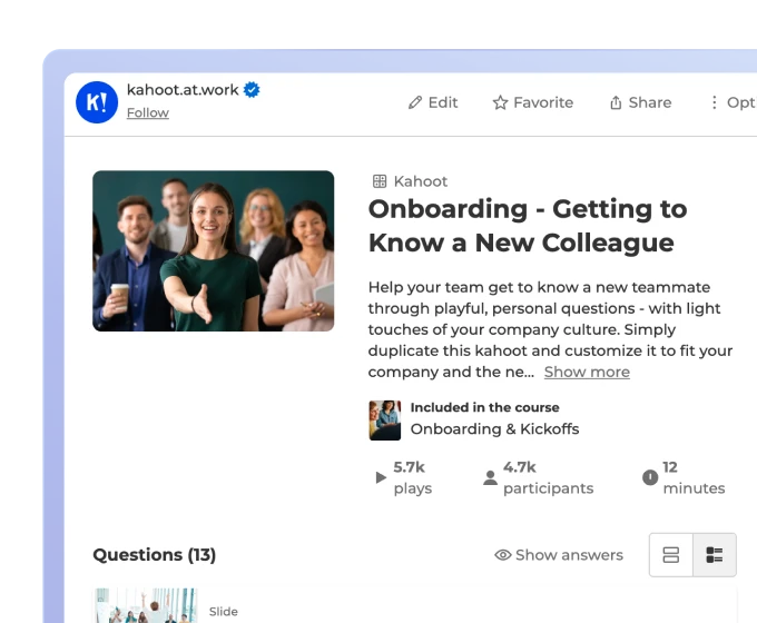 A Kahoot template page titled "Onboarding - Getting to Know a New Colleague" shows play counts, participant numbers, and a question list.