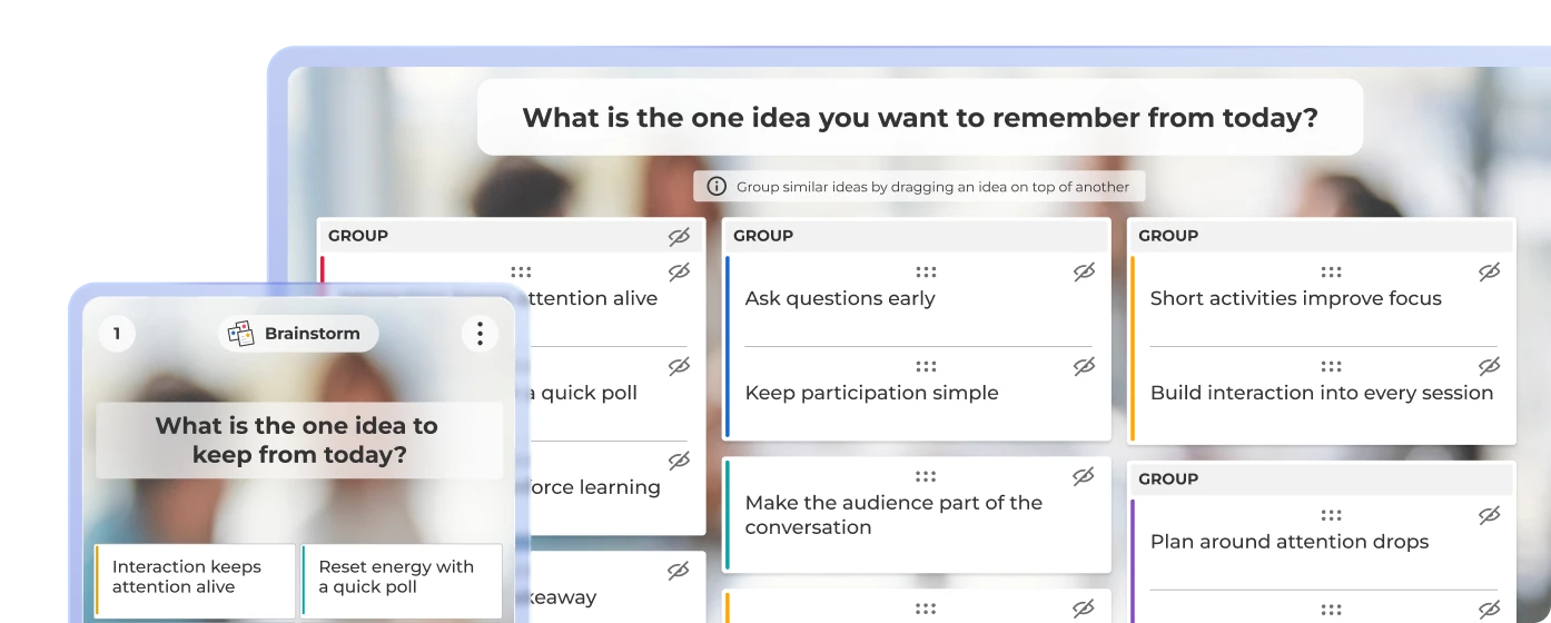 A Kahoot brainstorm screen shows participant responses to a takeaway question organized into labeled groups.