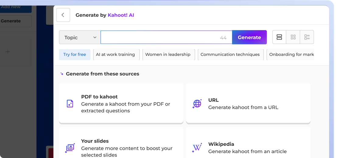 Kahoot! AI generation panel with a topic input field and source options including PDF and URL, with suggested topics such as AI at work training and Women in leadership
