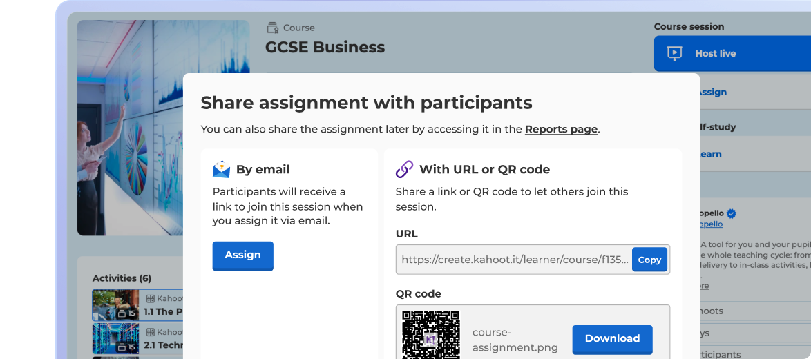Kahoot "Share assignment with participants" modal for a GCSE Business course showing options to share by email or via URL and QR code