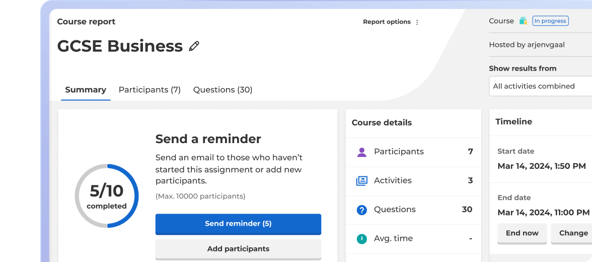 Kahoot course report for a GCSE Business course showing 5 out of 10 completions, 7 participants, 30 questions, and a send reminder option