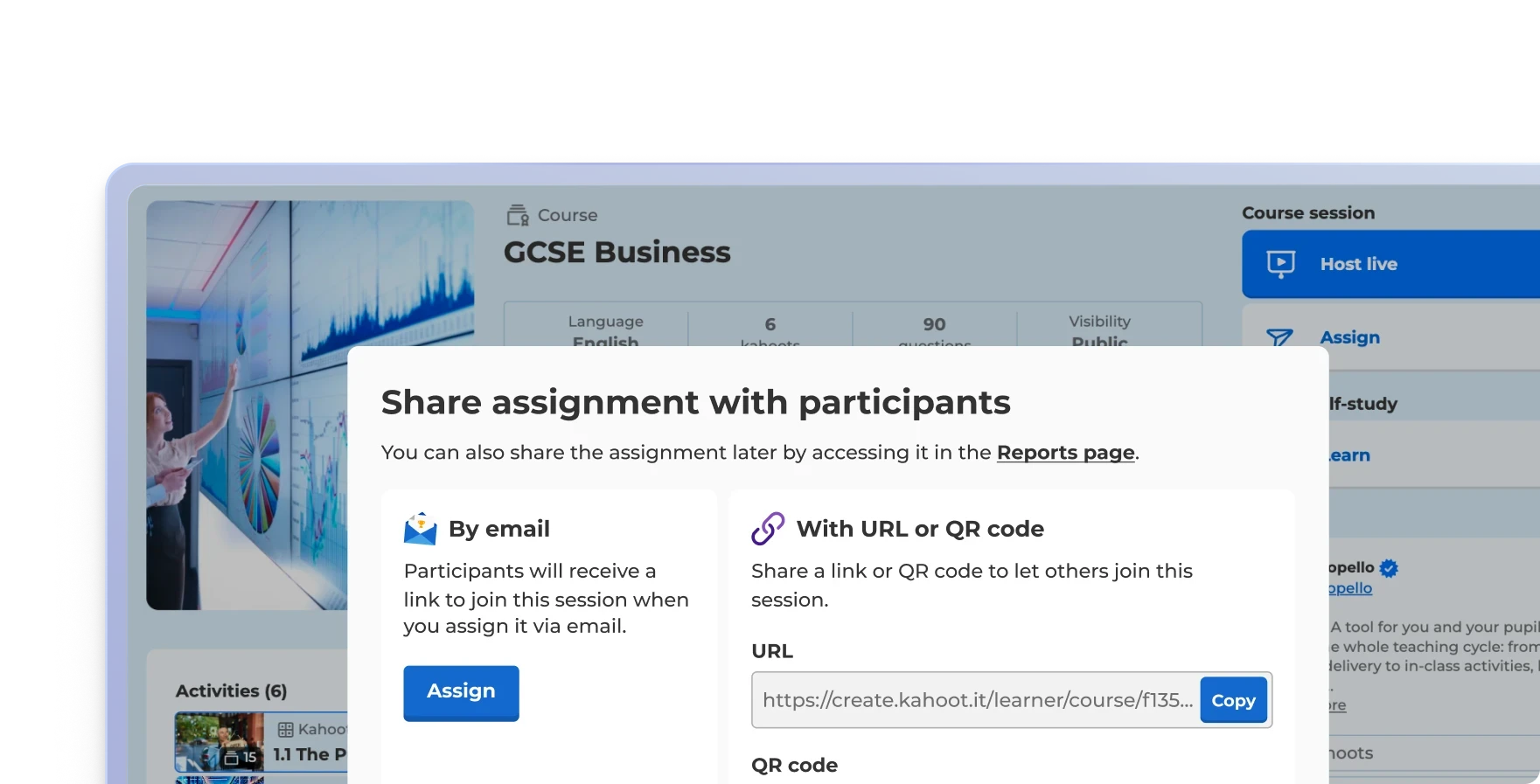 The “Share assignment with participants” dialog, offering to assign a course by email or share it with a URL or QR code.