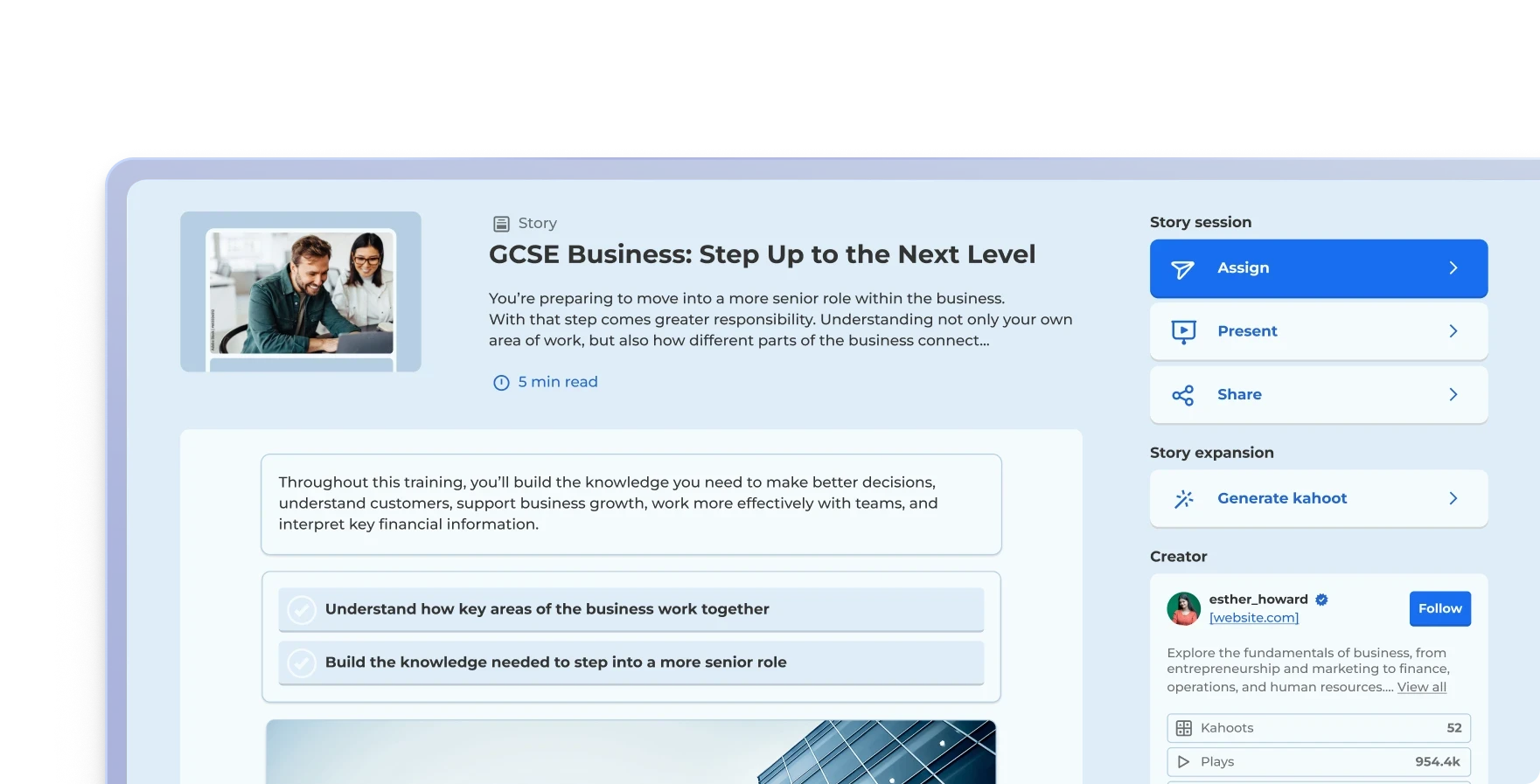 A GCSE Business story page in Kahoot! 360, with a training overview, learning goals and options to assign, present, share or generate a kahoot.