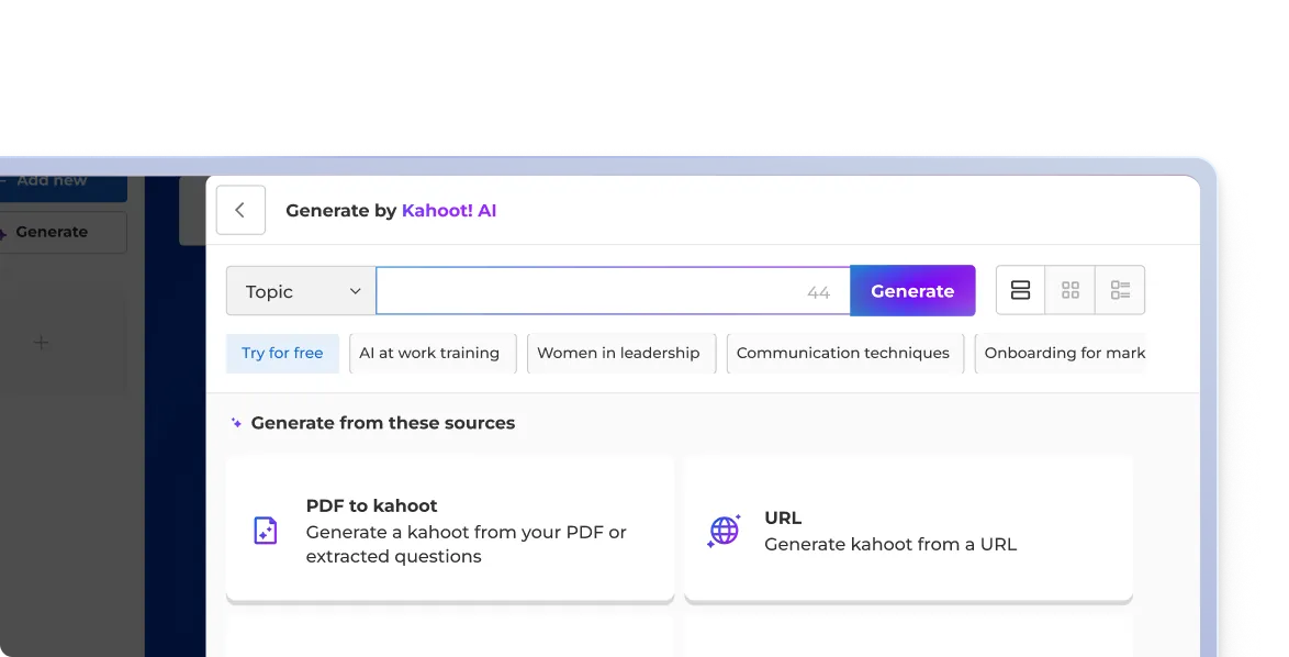 The Generate by Kahoot! AI panel, with a topic field, suggested topics such as AI at work training, and options to generate from a PDF or URL.