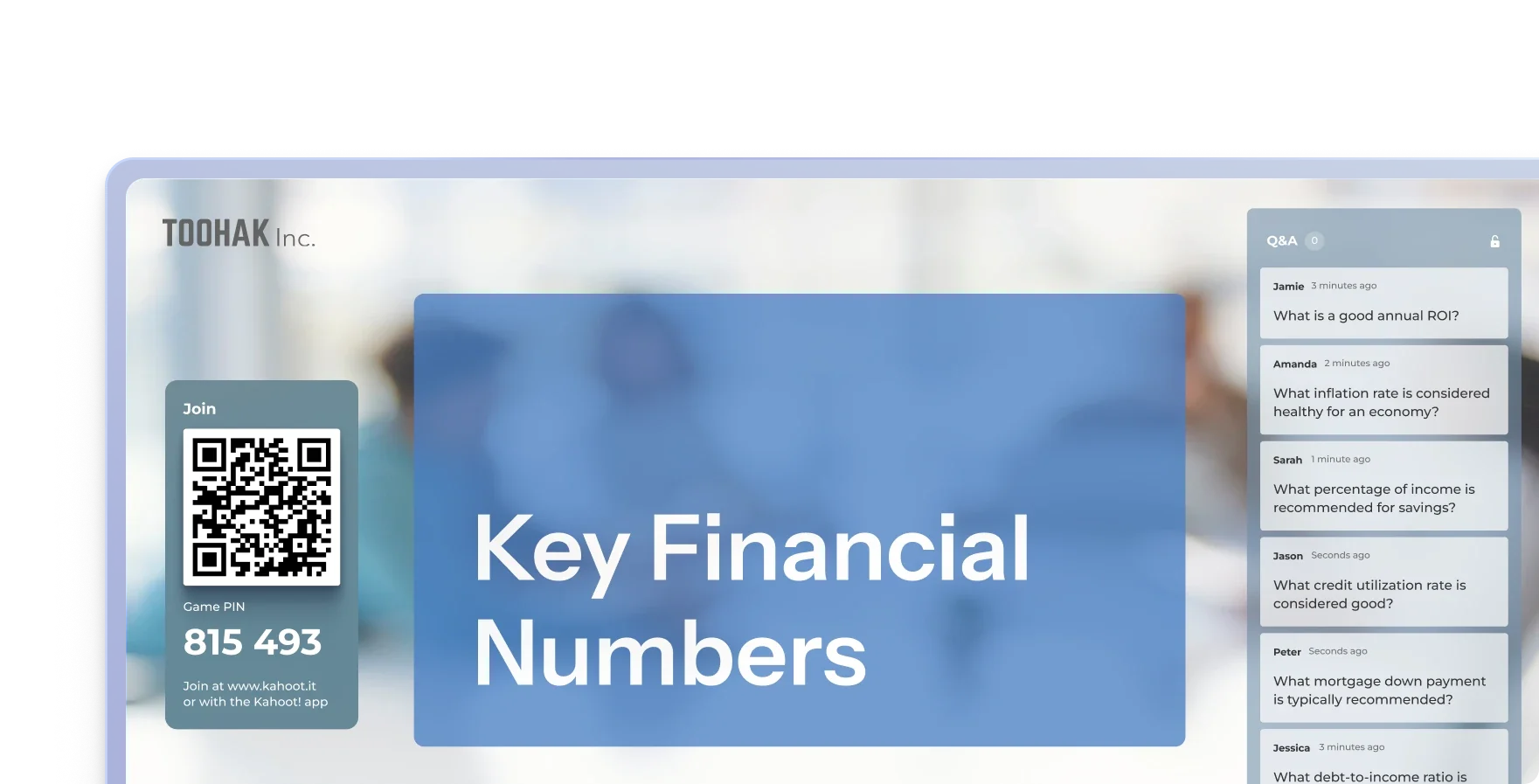 A branded Kahoot! 360 slide titled “Key Financial Numbers”, with a company logo, a join QR code and game PIN, and a live audience Q&A panel.