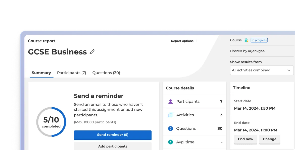 A Kahoot! 360 course report showing 5 of 10 participants completed, with options to send a reminder or add participants, plus course details and timeline.