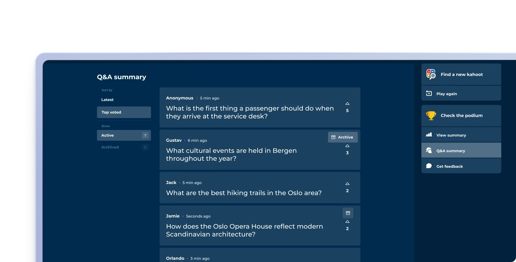 A Q&A summary sorted by top-voted audience questions, with upvote counts and the option to archive questions.