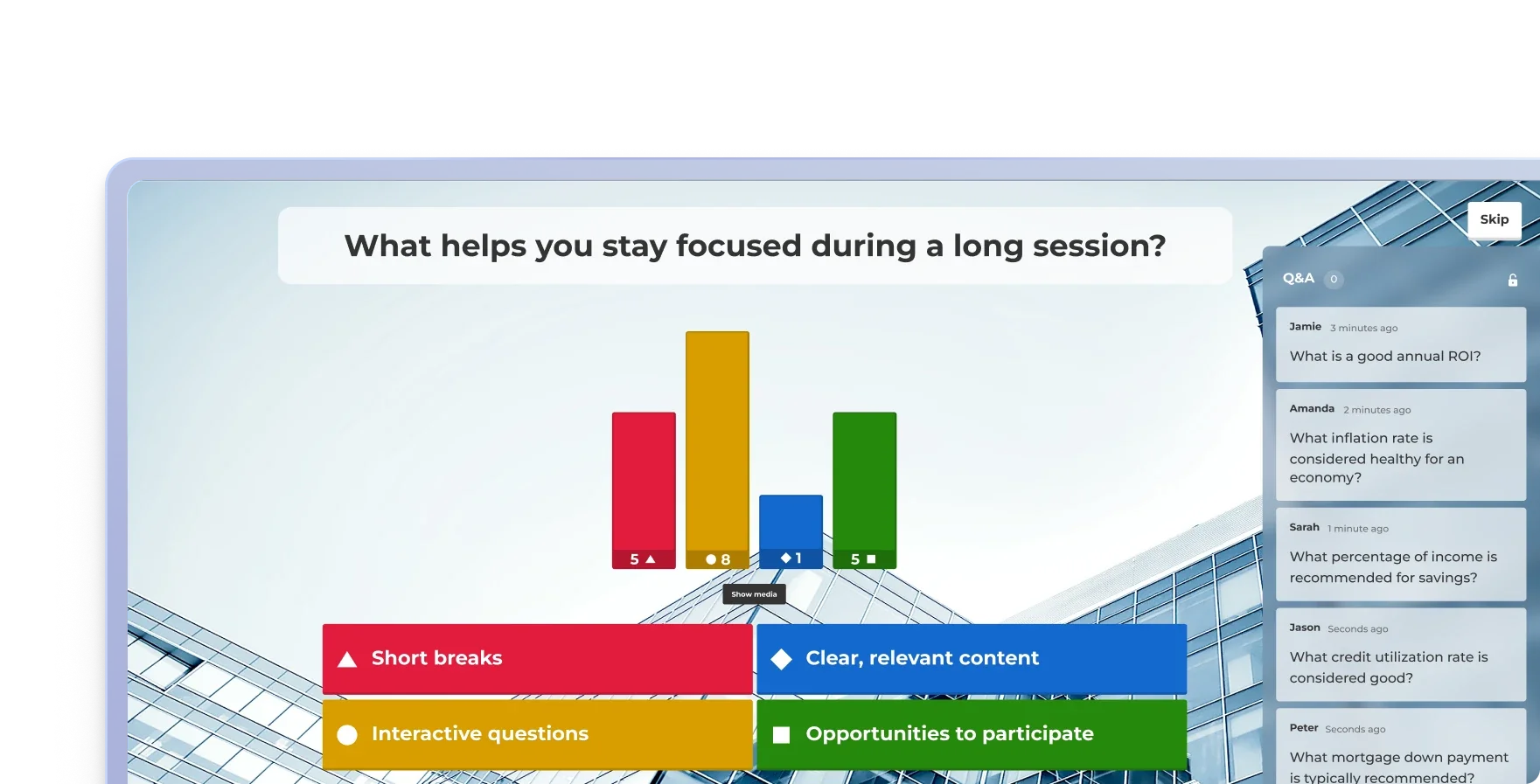 A live poll on what helps people stay focused during a long session, with results shown as a bar chart next to an audience Q&A panel.