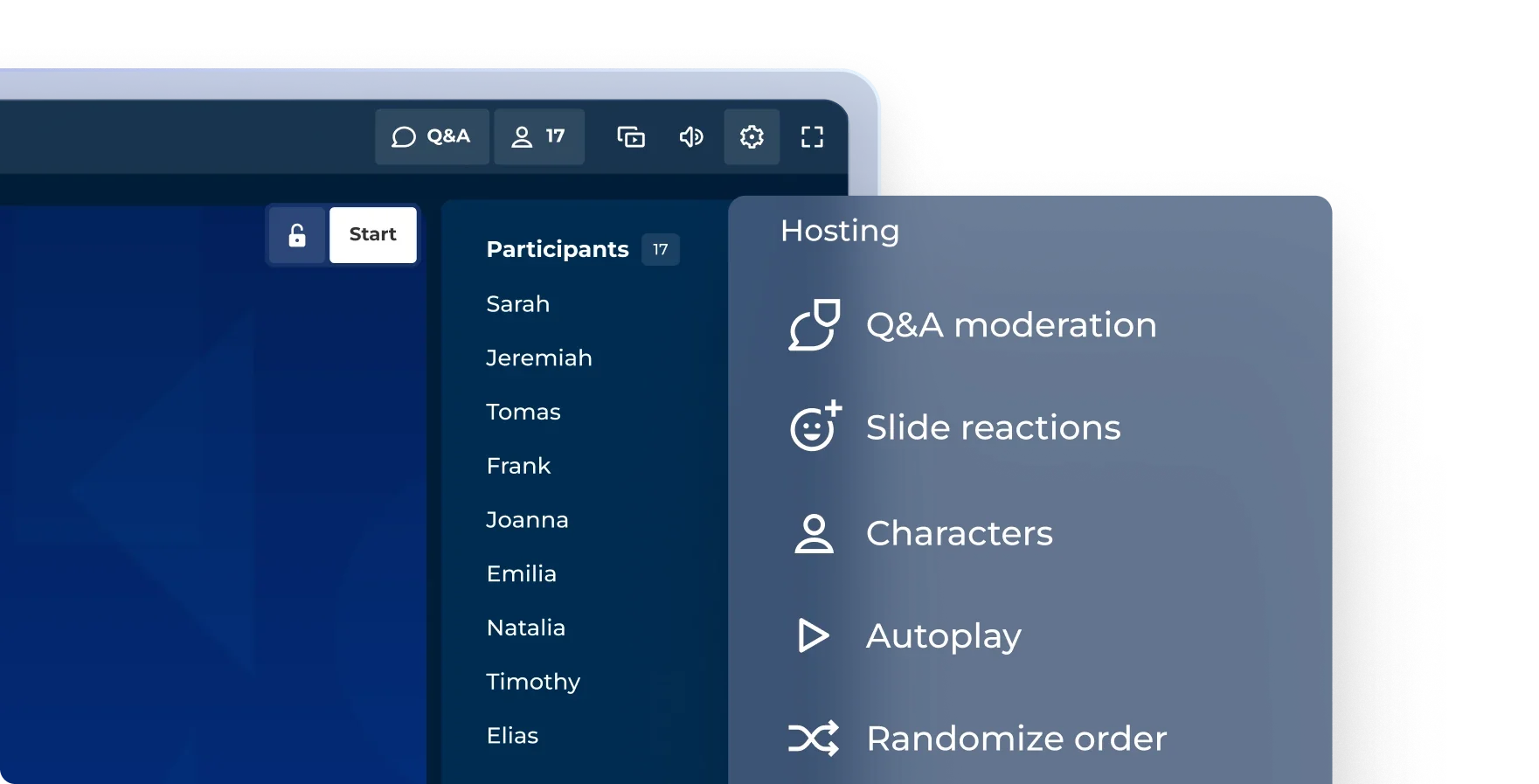 Kahoot! 360 hosting settings with options for Q&A moderation, slide reactions, characters, autoplay and randomized order, beside the participant list.