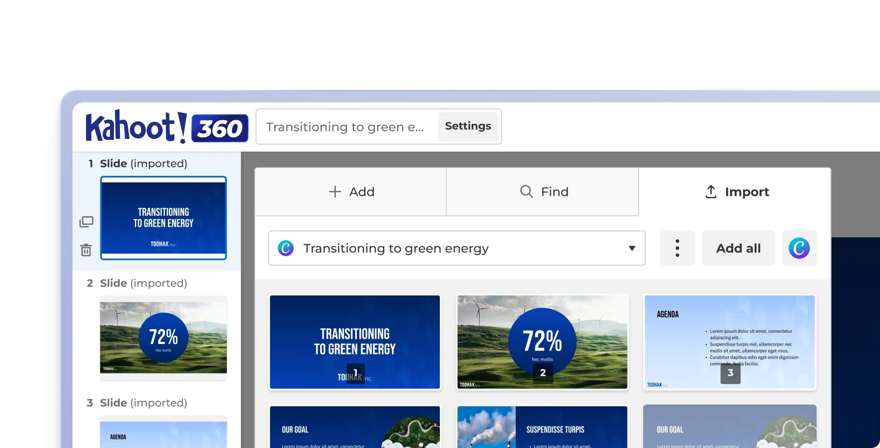 The Kahoot! 360 editor importing slides from a synced Canva presentation, with the imported slides listed in the kahoot.