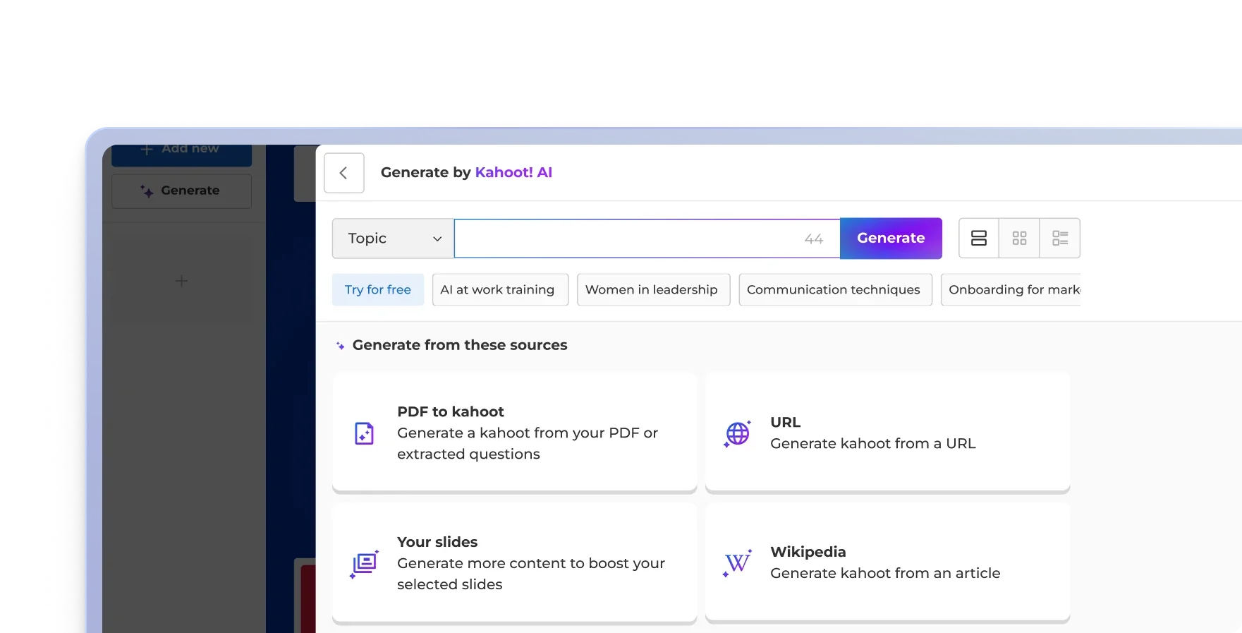 The Generate by Kahoot! AI panel, with a topic field, suggested topics and options to generate from a PDF, URL, your slides or a Wikipedia article.